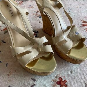 Guess Women's Beige and Gold Wedge Sandals